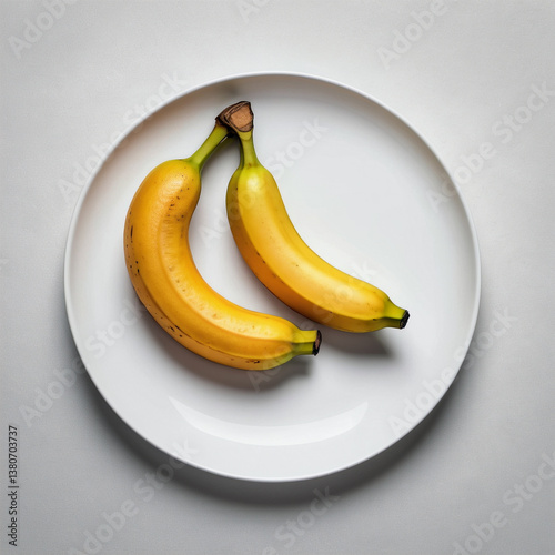 Ripe yellow bananas on a white plate on a white background. Top view.