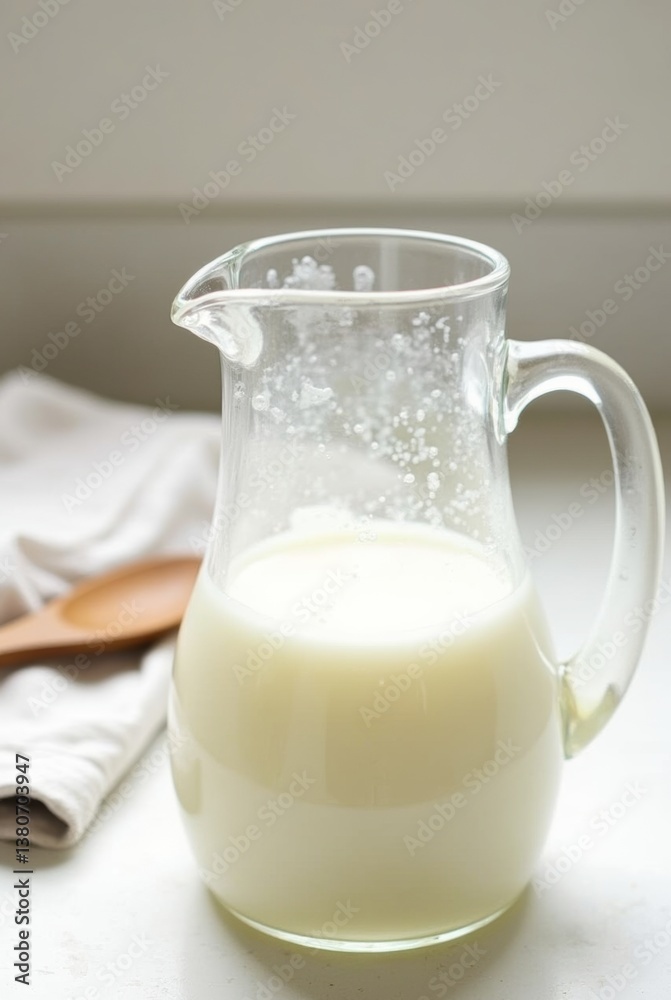 Glass pitcher of fresh milk on kitchen counter with wooden spoon and white cloth Glass pitcher of fresh milk on kitchen counter with wooden spoon and white cloth