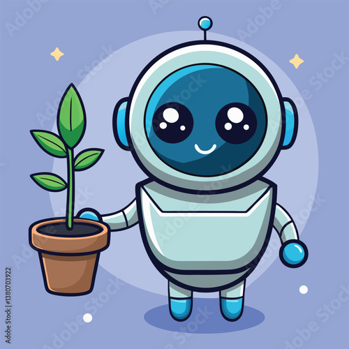 Cute Robot Cartoon Illustration AI Technology, Futuristic Bot, Sci-Fi Character, Eco-Friendly, Plant Growth, Blue Background, Adorable Design