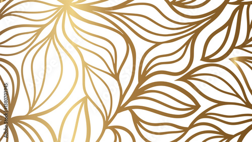 Golden floral illustration with stylized line art flowers on white background, luxury botanical design