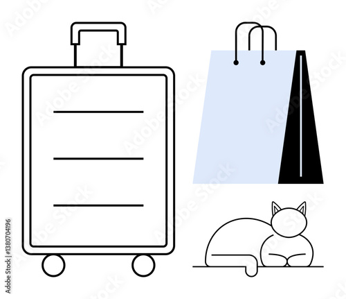 Travel suitcase, shopping bag, and lounging cat combining simplicity and functionality. Ideal for travel, leisure, shopping, vacations, relaxation minimalism lifestyle concepts. Flat simple