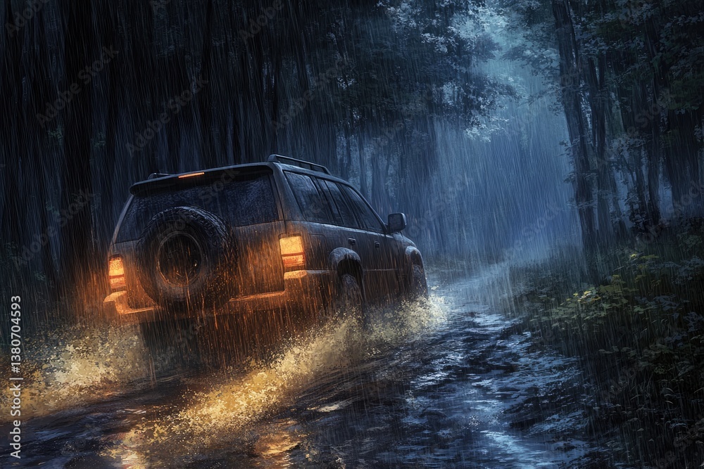 An SUV battling heavy rain and deep puddles on a forest trail at night