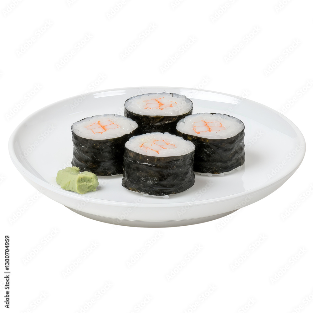 Fresh Sushi Rolls with Shrimp and Wasabi on White Plate for Culinary Presentation and Menu Fresh Sushi Rolls with Shrimp and Wasabi on White Plate for Culinary Presentation and Menu