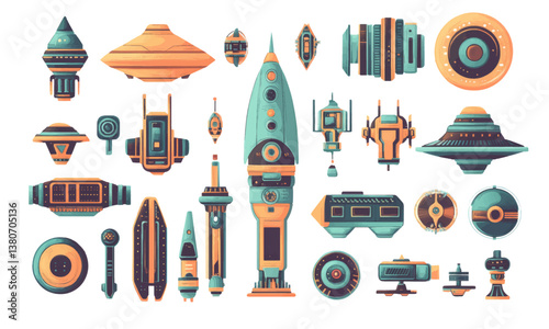 Retro Futuristic cartoon space station set - buildings, mars colony, flying ships, wind turbines, aerodynamic transport vehicles. Sci fi architecture, illustration.
