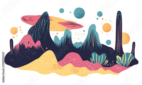 Retro Futuristic grainy flat cartoon sci-fi panorama, planet, mars, outer space. Sci fi architecture, vector illustration background.