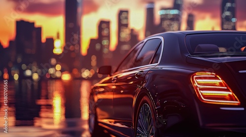 A black luxury sedan parked near the water at sunset with city lights in the background.