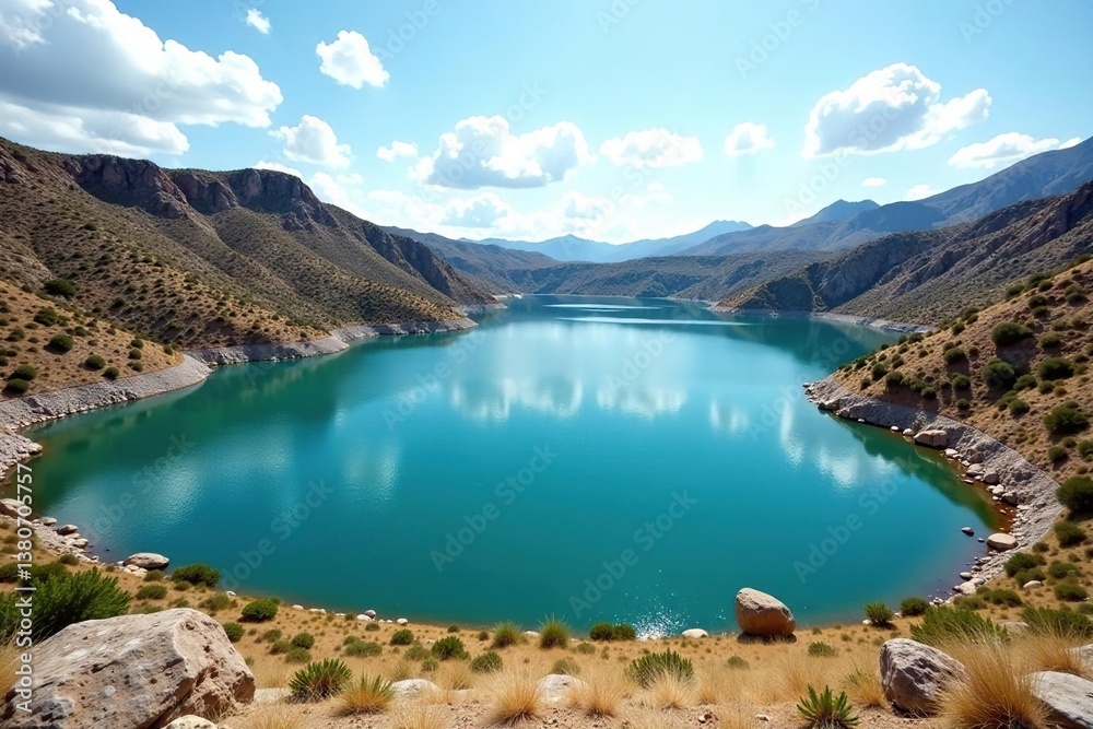 Irregular shaped lake with rocky shoreline and sparse vegetation, arid, still Irregular shaped lake with rocky shoreline and sparse vegetation, arid, still