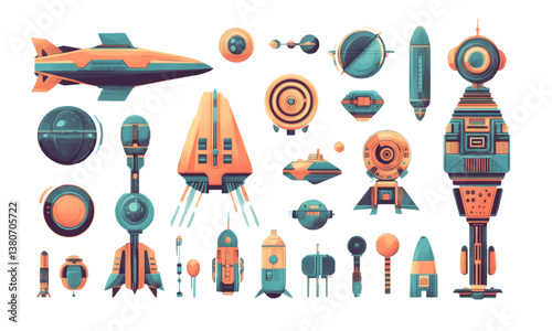 Retro Futuristic cartoon space station set - buildings, mars colony, flying ships, wind turbines, aerodynamic transport vehicles. Sci fi architecture, illustration.