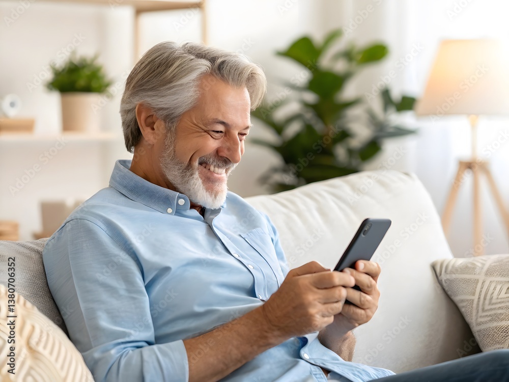 Elderly Individual Relaxing Indoors While Using Smartphone in a Cozy Living Room Elderly Individual Relaxing Indoors While Using Smartphone in a Cozy Living Room