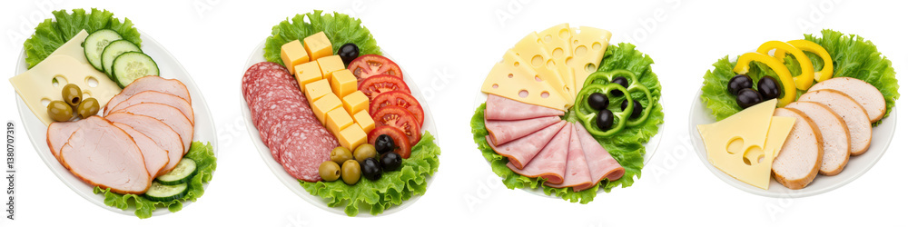 Four plates of deli meat cheese and vegetables. Four plates of deli meat cheese and vegetables.