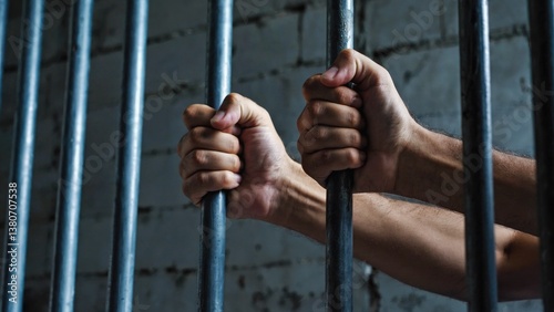 Two hands gripping the bars of a jail cell
