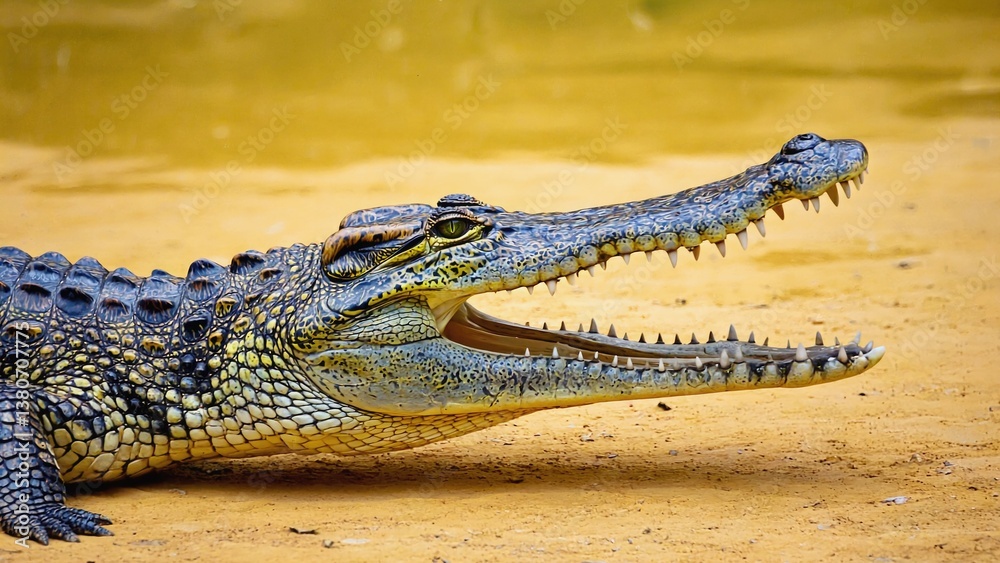 Obraz premium A close-up shot of a crocodile's face, mouth open and tongue out, sitting on the ground