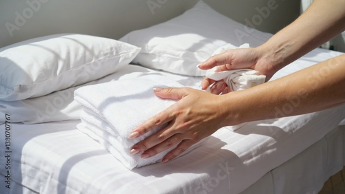 Person using a towel to clean a bed, everyday household task