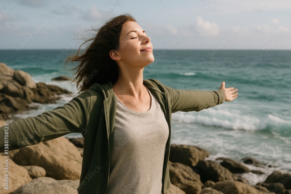 Woman Embracing Ocean Breeze on Rocky Coast Woman Embracing Ocean Breeze on Rocky Coast