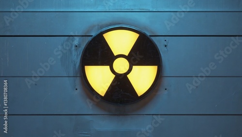 A radioactive warning sign on the side of a building, ideal for use in science and education contexts