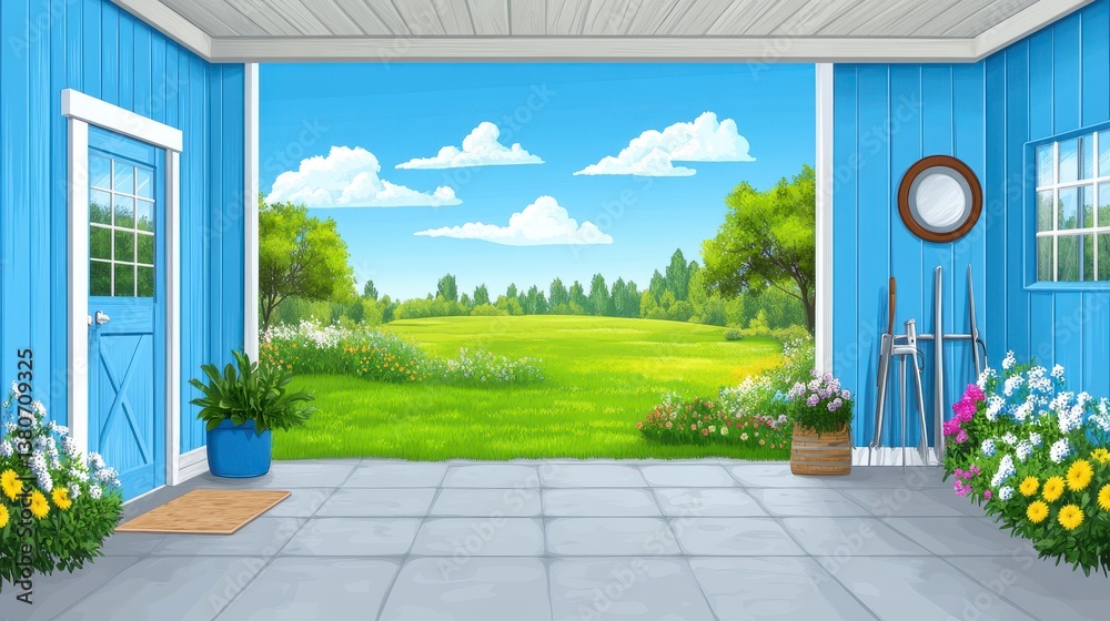 Naklejka premium Sunny Day in a Blue Garage Pixel Art Landscape