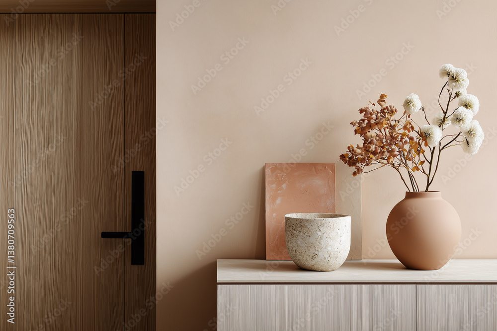 Minimalist beige pink wall with decorative vases and dried flowers, creating serene and elegant atmosphere. Perfect for modern interior design inspiration
