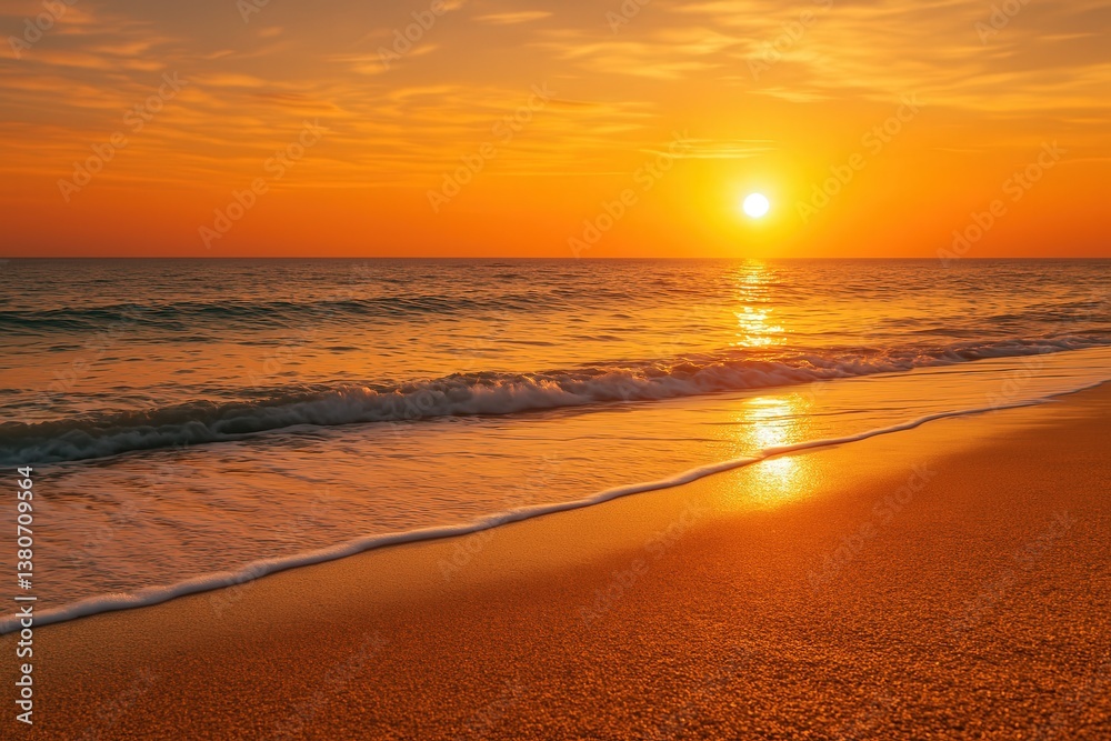 Obraz premium Sunset Over Calm Beach With Soft Waves