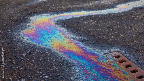 A colorful stream of oil leaking from a drain