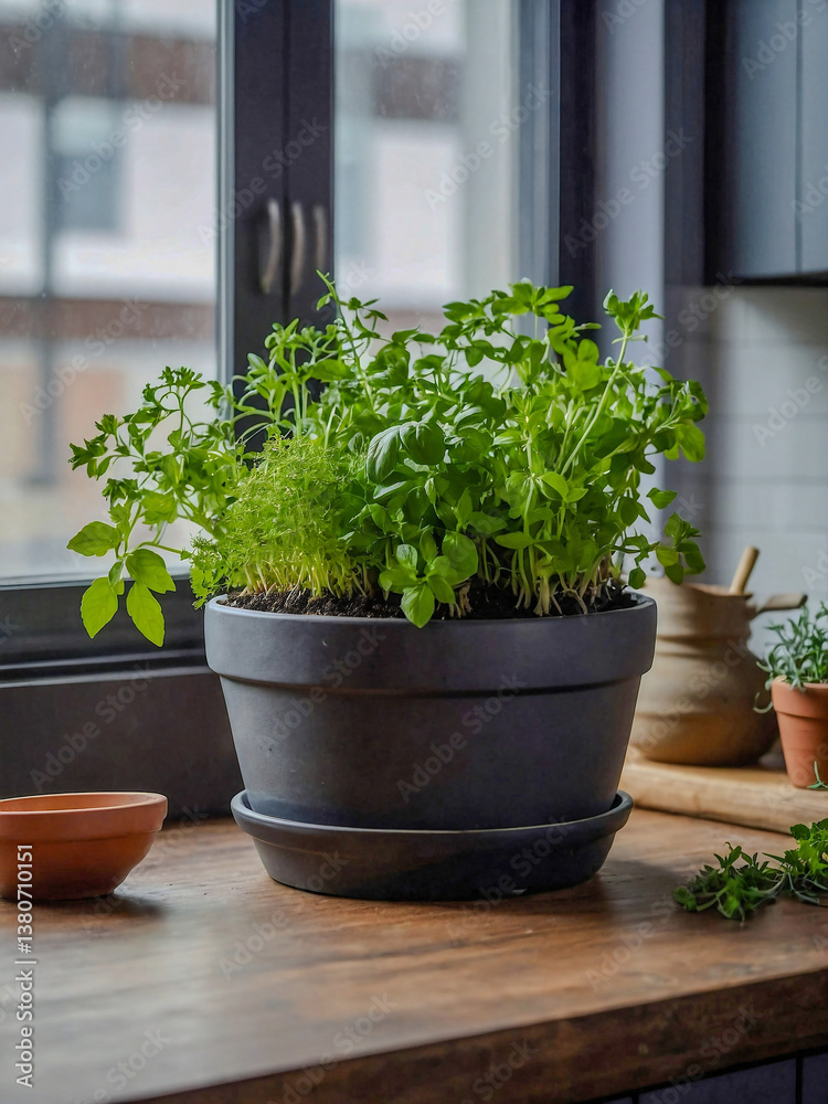 Herbs growing in a flower pot on a modern kitchen table.