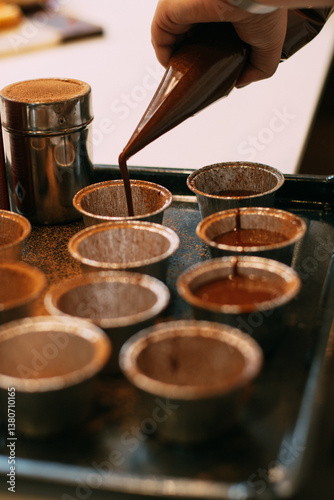 Cook pours chocolate into metal molds