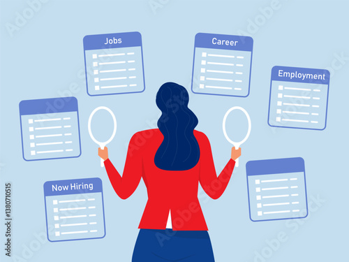 Businesswoman using magnifying glass in both hands searching for new hiring career.Job seeking, search for new career and opportunity job vacancy concept vector