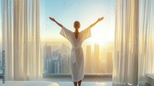 A woman wearing a robe stands at a window with arms open, overlooking a cityscape at sunrise.