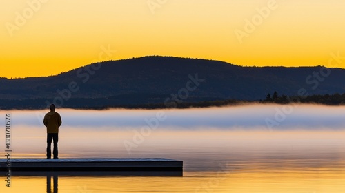 Serene Moment at Sunrise over Calm Water with Silhouette of Person