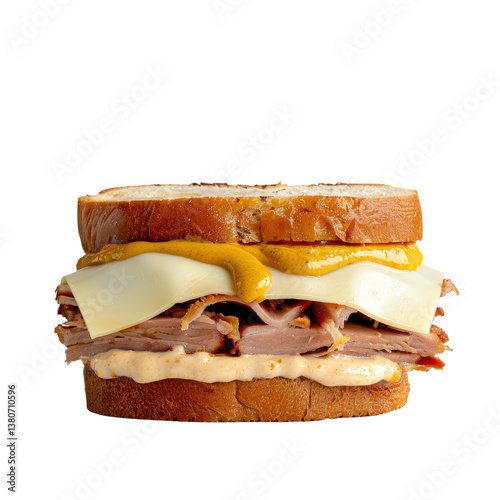 Delicious stacked sandwich with layers of meats, cheeses, and mustard on fresh bread