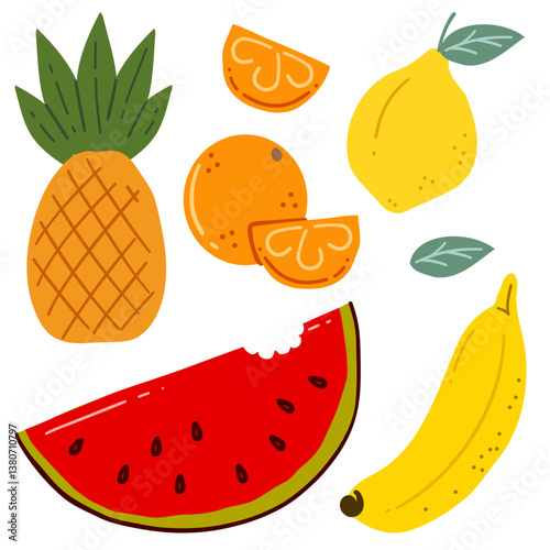 Vector fruit set with watermelon pineapple banana lemon orange, simple flat bright juicy colors, tropical summer fresh exotic healthy food organic natural delicious citrus sweet tasty vibrant collecti