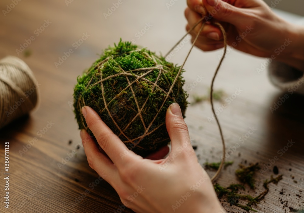 Hands crafting moss kokedama with twine on wooden table