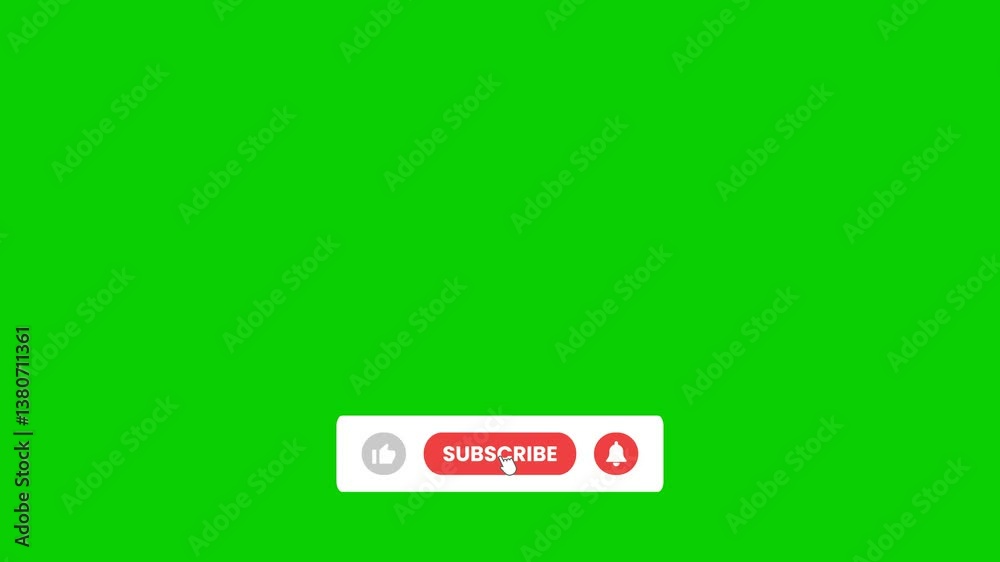 SUBSCRIBE POP UP BUTTON ON GREEN SCREEN. Pop up youtube like subscribe and bell icon cursor animation button clicked, call to action animating Motion graphic with alpha channel background.