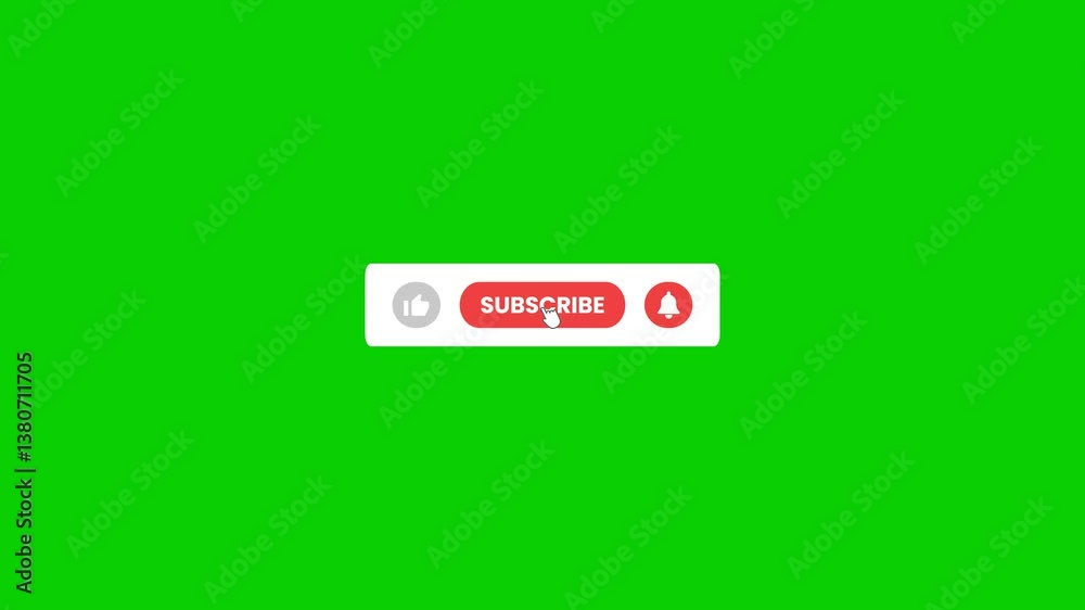 SUBSCRIBE POP UP BUTTON ON GREEN SCREEN. Pop up youtube like subscribe and bell icon cursor animation button clicked, call to action animating Motion graphic with alpha channel background.