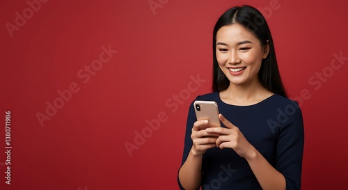 Happy Woman Using Smartphone, Red Background AI Generated
