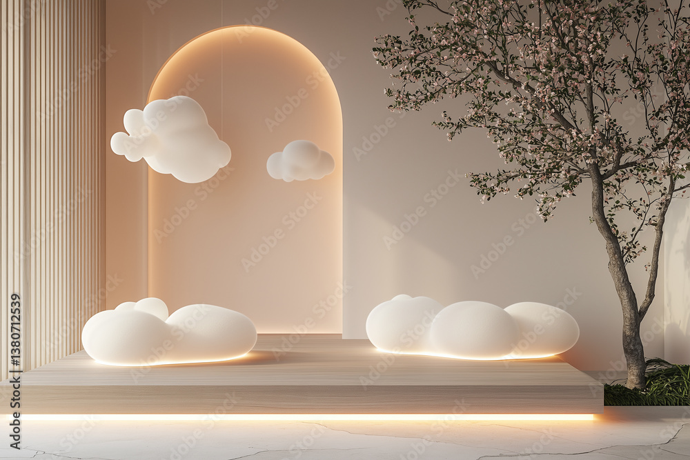 Minimalist 3D podium with floating soft shapes and tree, creating serene atmosphere. soft clouds and warm lighting enhance tranquil setting