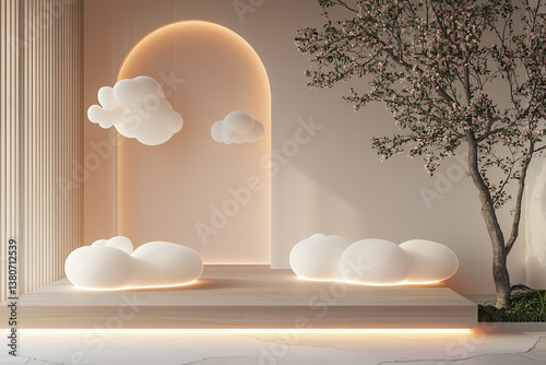 Obraz na płótnie Minimalist 3D podium with floating soft shapes and tree, creating serene atmosphere. soft clouds and warm lighting enhance tranquil setting w salonie