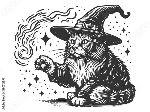 Magical Wizard Cat Casting Spell with Stars vector