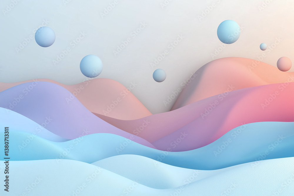 Minimalist gradient 3D backdrop featuring soft colors and abstract shapes. design includes smooth waves and floating spheres, creating serene and modern aesthetic
