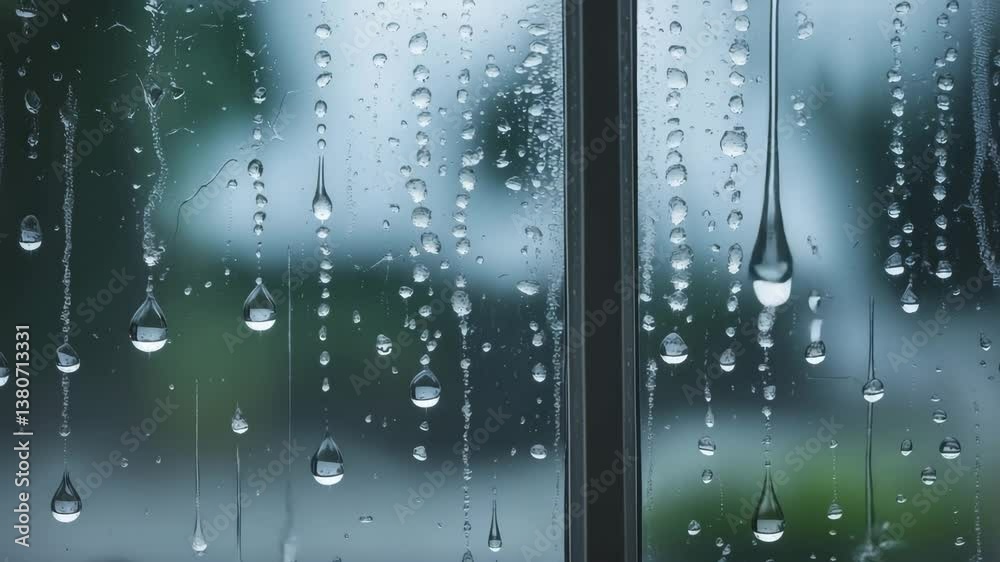 Background of natural water condensation on window glass with elevated humidity, large droplets dripping and collecting as they stream down.