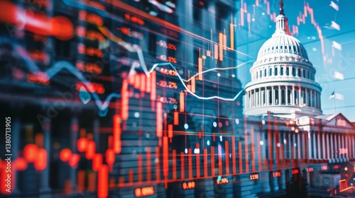 photograph of Us capitol with stock market graph and flag, symbolizing economic impact and national debt. wide angle lens