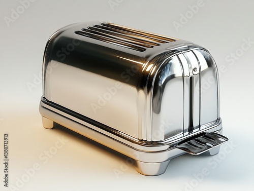 Shiny Toaster Appliance Standing on a White Surface Ready for Toasting
