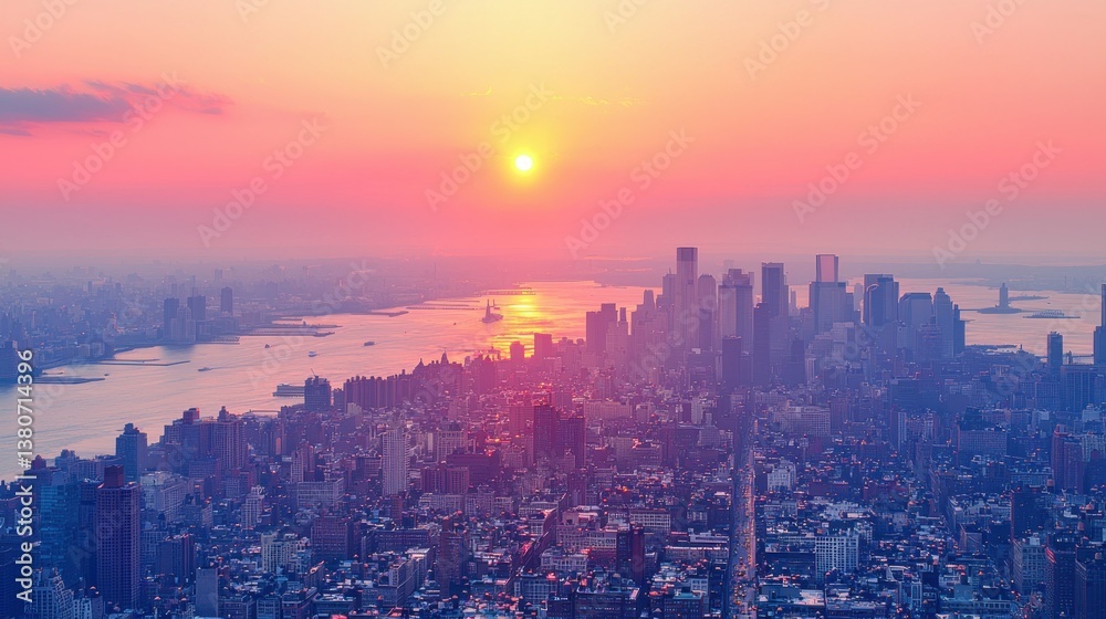 Fototapeta premium Manhattan Sunset: A Pink Hue Over the Cityscape