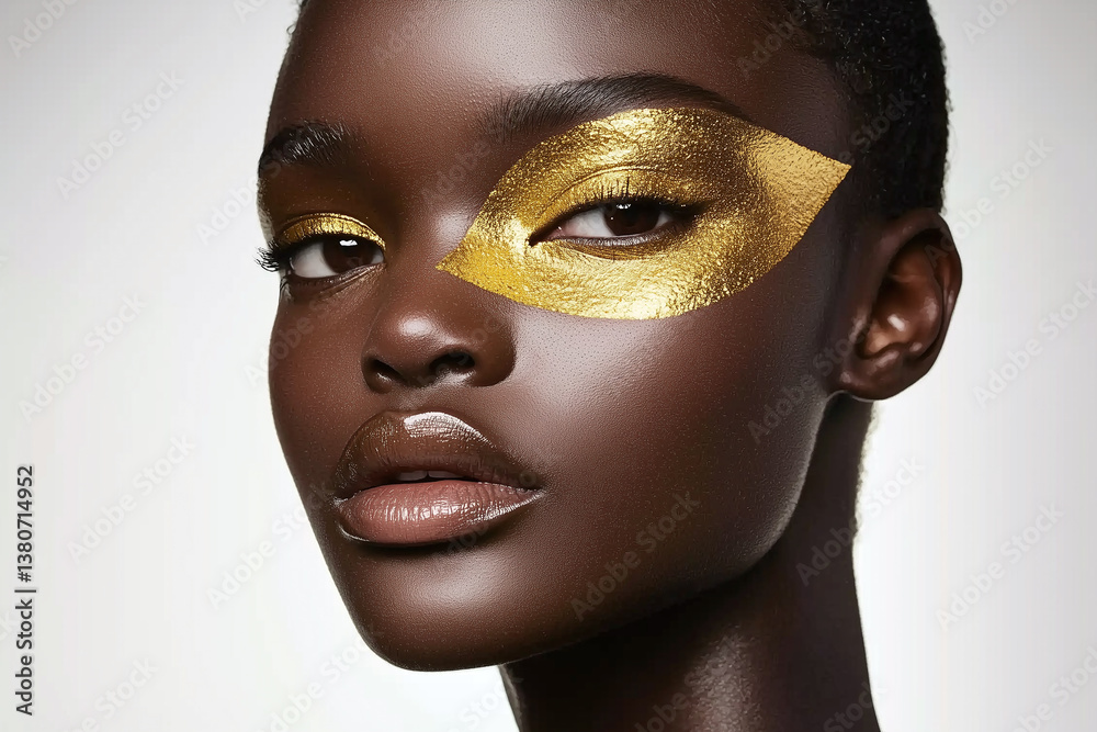 striking beauty portrait featuring youthful model with golden eye makeup, showcasing radiant skin and confident expression. minimalist aesthetic highlights elegance and artistry