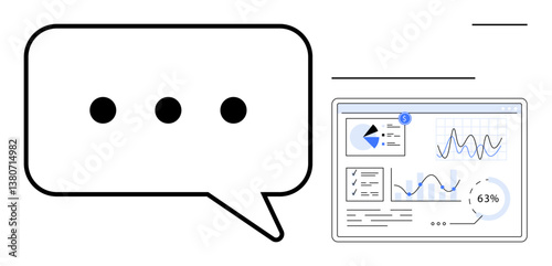 Chat bubble with three dots next to a digital analytics dashboard featuring graphs, charts, and metrics. Ideal for teamwork, reports, communication, data exchange, strategy, collaboration flat