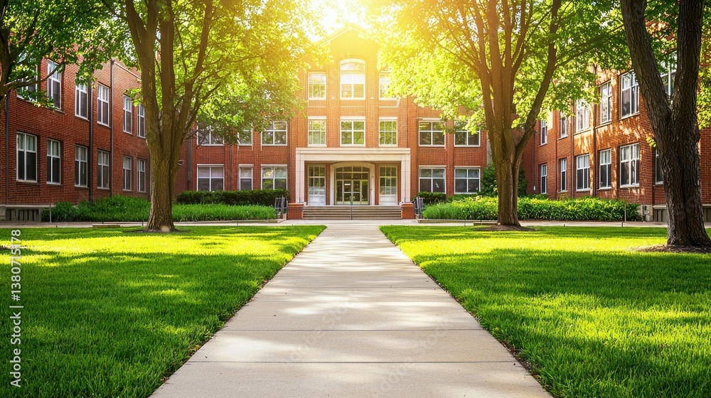 A beautiful brick university building with a pathway and trees on a sunny day. A beautiful brick university building with a pathway and trees on a sunny day.