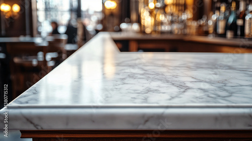 Close-up of white marble surface, showcasing smooth texture and veining, ideal for product display or showcasing branding in a cafe setting