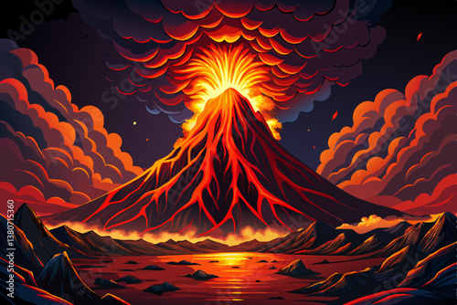 volcanic mountain erupting with glowing lava under a dark sky