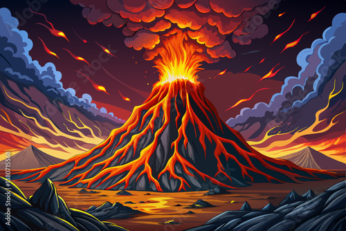 volcanic mountain erupting with glowing lava under a dark sky