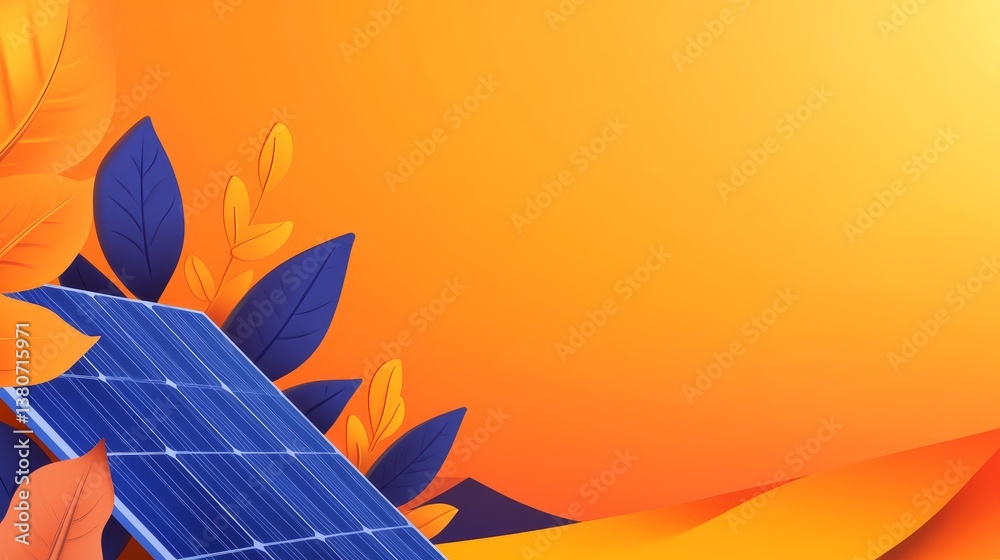 Fototapeta premium Vibrant sunset backdrop with solar panels and autumn leaves, symbolizing renewable energy