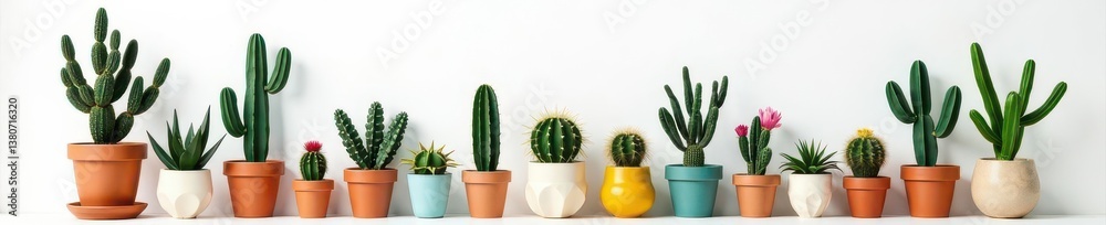 Stylish cactus collection in diverse planters against a blank white backdrop , style, houseplants, empty space Stylish cactus collection in diverse planters against a blank white backdrop , style, houseplants, empty space